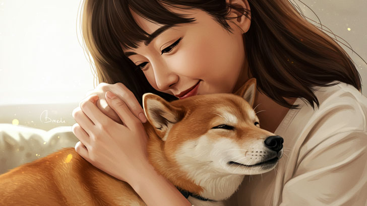 笑顔の飼い主と寄り添う柴犬まるちゃん