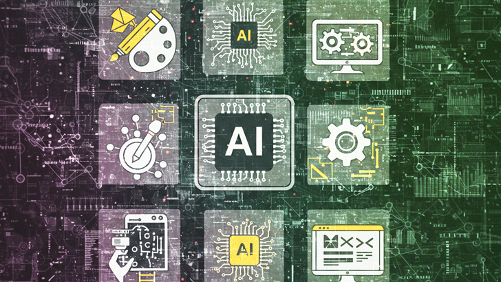 多様なAI副業の種類を、未来的なデジタル空間上のシンプルアイコンとして提示したイラスト画像