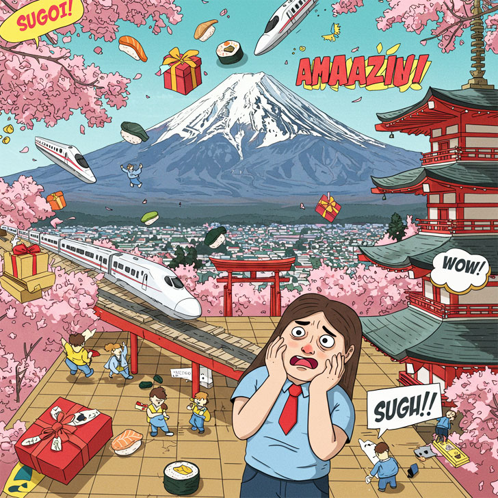 「すごい系」コンテンツでよく見る要素（新幹線、寿司、丁寧さなど）を具体的に挙げ、「過剰」「混沌とした群れ」として表現し、情報過多やうんざり感を視覚化します。「外国人や吹き出し」で「褒めている」要素を入れます。