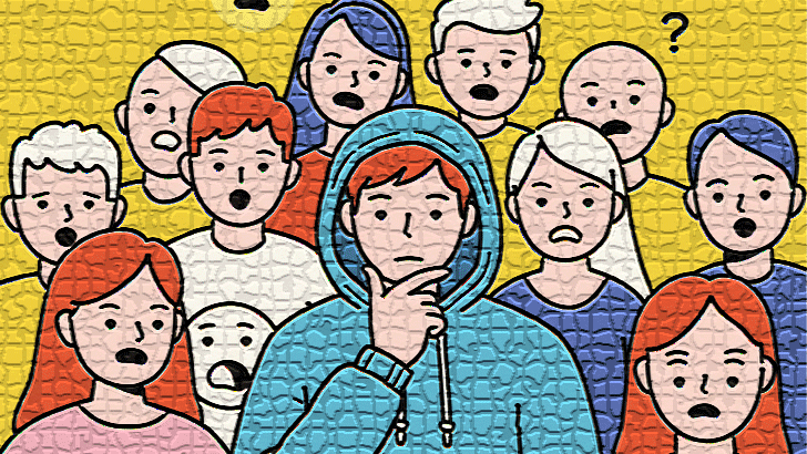 パーカーを着た人物の周りに、驚いたり困惑したりしているような表情の他の人物が複数。パーカーを着た人物が少し困ったような、戸惑っているようなジェスチャーをしている、ユーモラスで軽快な雰囲気。