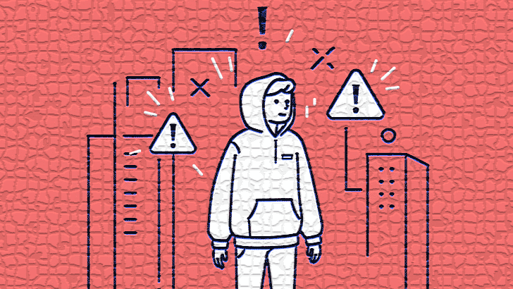 パーカーを着た人物が立ち止まり、周囲を見回している、注意標識のようなアイコン、慎重さや注意を促す雰囲気。