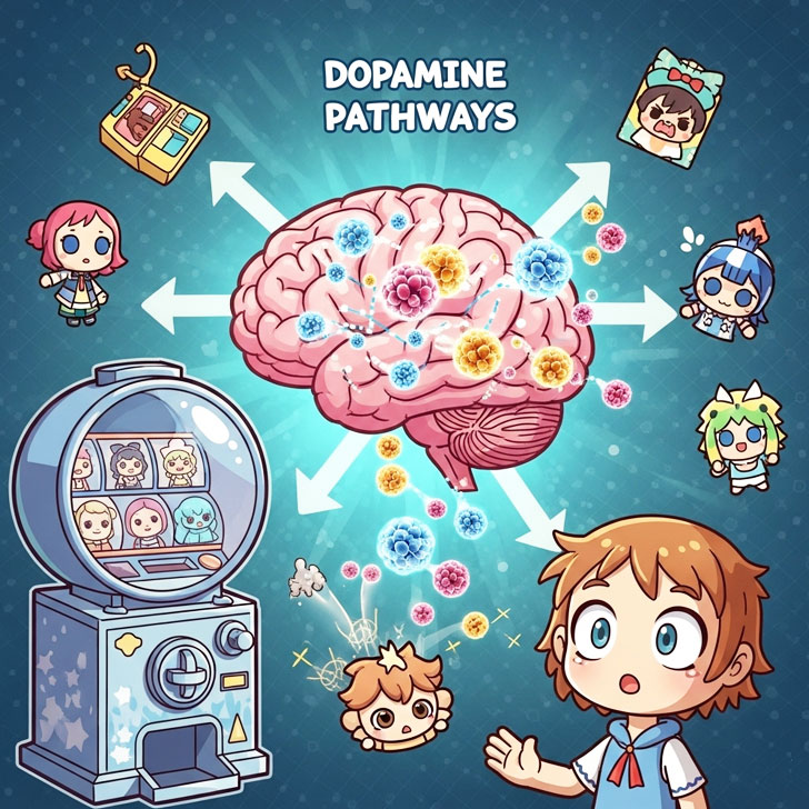 ドーパミン分泌とコレクション欲がガチャガチャの魅力となる心理メカニズムを表現したイラスト。