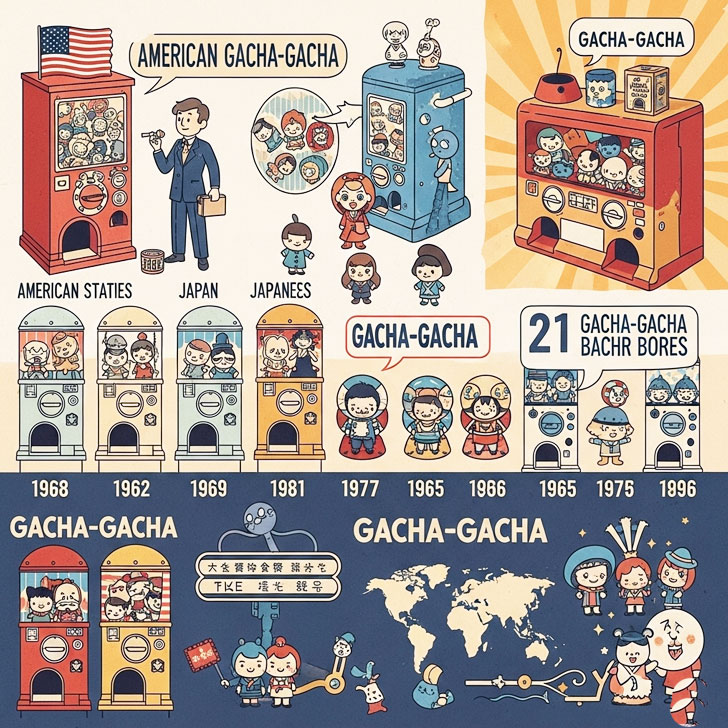 アメリカから日本へ、ガチャガチャの歴史と流行の変遷を示すタイムラインとレトロなイラスト。