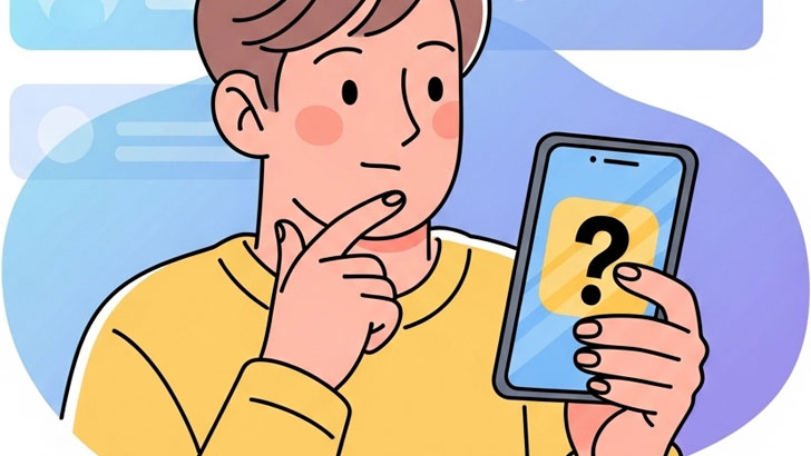 スマートフォンを持ち、浜崎真緒について検索する人のイラスト。彼女の正体を探る好奇心を表す。