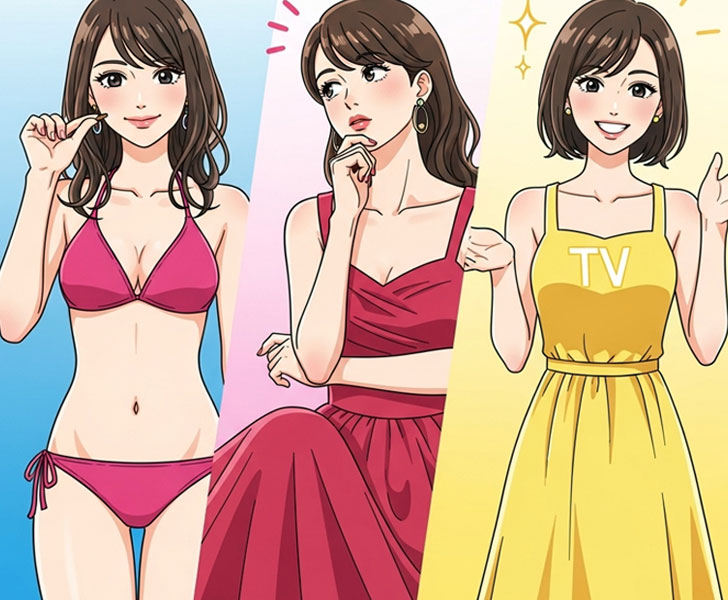 グラビアアイドルの自信に満ちたポーズ、女優の思慮深い表情、テレビタレントの親しみやすく魅力的なポーズなど、様々な役割の間を移行する女性を描いた鮮やかでダイナミックなかわいらしいイラスト画像。