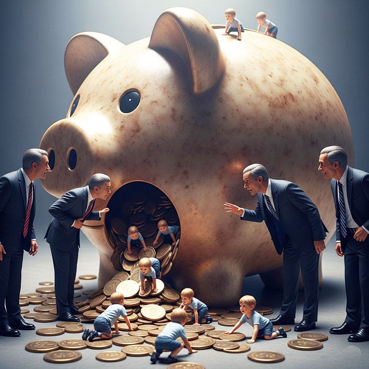 政府関係者が巨大な貯金箱の穴を覗き込み、中から小さな子供たちがぞろぞろと這い出てくるシュールな光景。