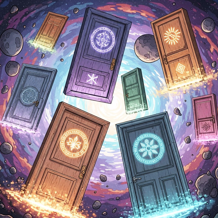 宙に浮いた扉がいくつも並び、それぞれが異なる次元へと繋がっているような、不可思議な入口のイラスト