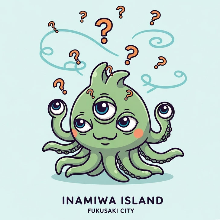 広島県福咲市鋳波島町のマスコットキャラクターらしき、目が3つで触手が生えた愛らしい（？）生物が、疑問符のシャワーを浴びているイラスト