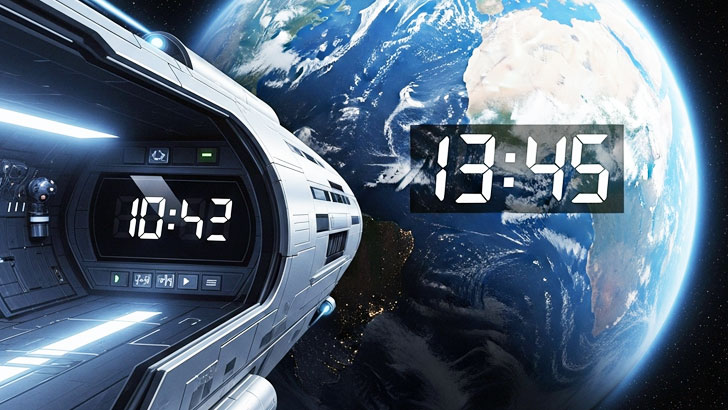 時間の遅れを説明するイラスト - 高速で移動する宇宙船内の時計と地球の時計の進み方の比較