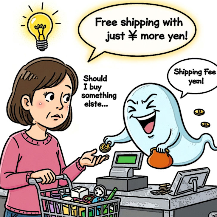 Temuの送料無料ライン達成のため、追加購入を悩む日本人女性と、そばに浮く「送料お化け」のシュールなイラスト。サンクコスト効果。