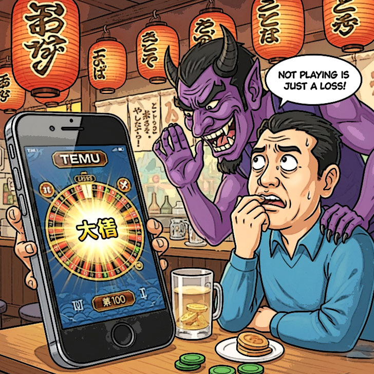 Temuのゲーム要素に挑むか迷い、チキンな表情を見せる日本人男性のイラスト。報酬を逃すことへの損失回避。