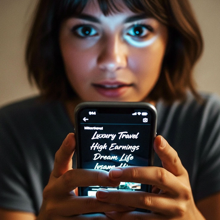 スマートフォンを持つ女性の手元に映るSNS画面。魅力的な言葉が浮かび上がり、その光が女性の顔を不自然に照らすイメージ画像。