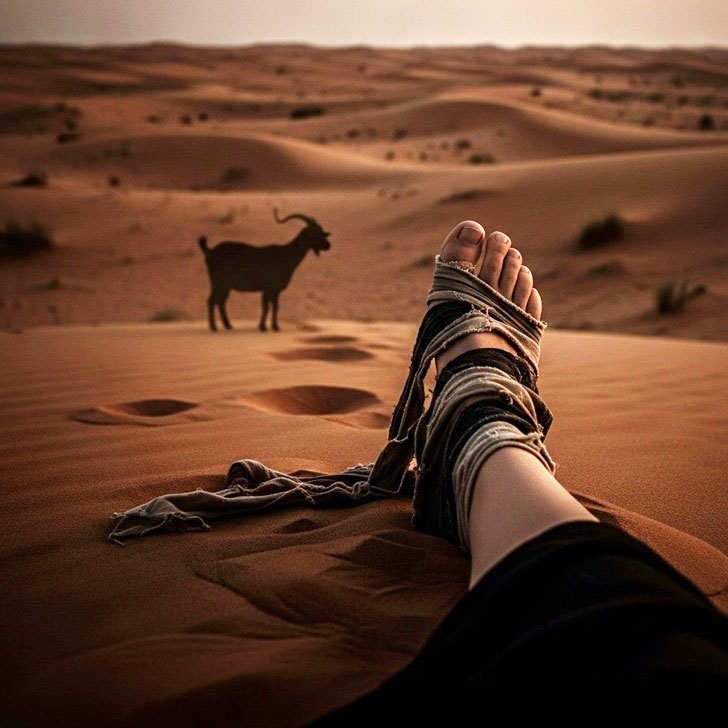 ドバイの砂漠を背景に、ぼんやりとヤギのシルエットが見え、手前には乱れた足元が写る、不穏な雰囲気のイメージ画像。