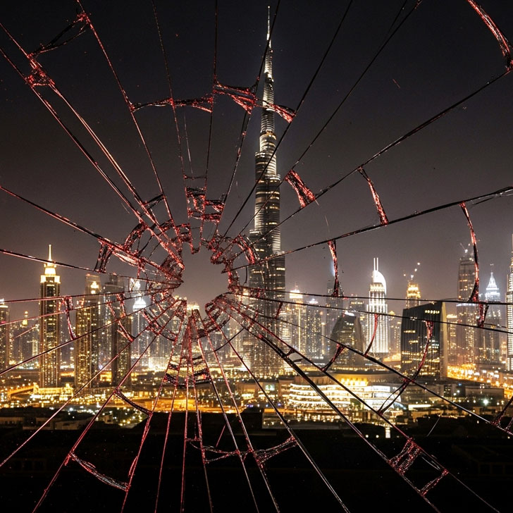 ひび割れたガラス越しに見えるドバイの煌びやかな夜景。破壊された夢と警告を象徴する全体まとめのイメージ画像。