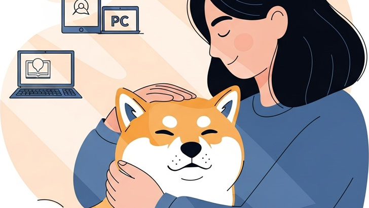 幸せそうに寄り添う柴犬と飼い主の抽象的なイラスト