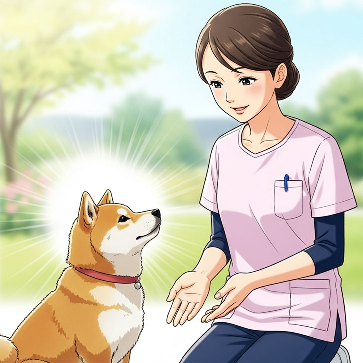 犬と優しくコミュニケーションを取っているしほ先生のイラスト。