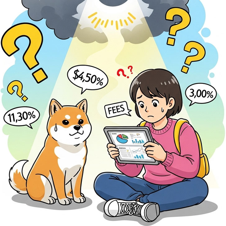 疑問符や不安そうな表情の犬と飼い主のイラスト。奥には解決策や真実の光が差し込んでいる