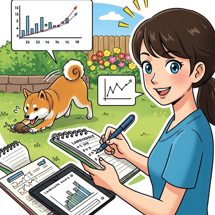 ノートとペン、タブレットを使い、犬の行動を記録・分析している飼い主のイラスト。