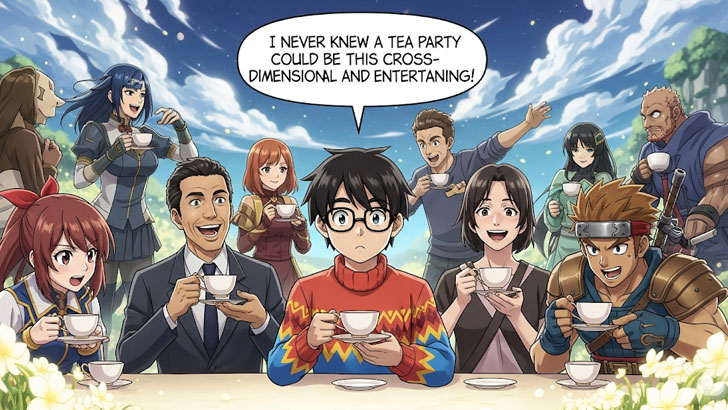 人物の頭上の吹き出しの中で、アニメキャラ、俳優、ゲームキャラが一緒にお茶会をしている。次元を超えた好きなタイプを表現した、空想的で面白いイラスト。