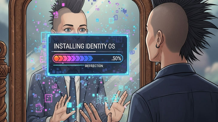 鏡の前に立つと、自分の姿がOSのアップデート画面のように更新されている。「アイデンティティOSインストール中」というプログレスバーが表示されているシュールなイラスト。