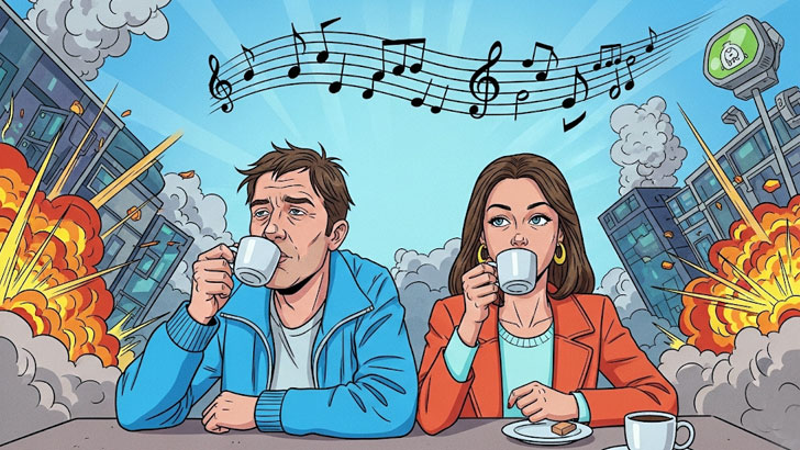 普通にコーヒーを飲んでいるだけのカップルの周りで、他人の想像によって爆発や壮大な音楽といった、まるで映画のワンシーンのような演出が加えられている面白いイラスト。