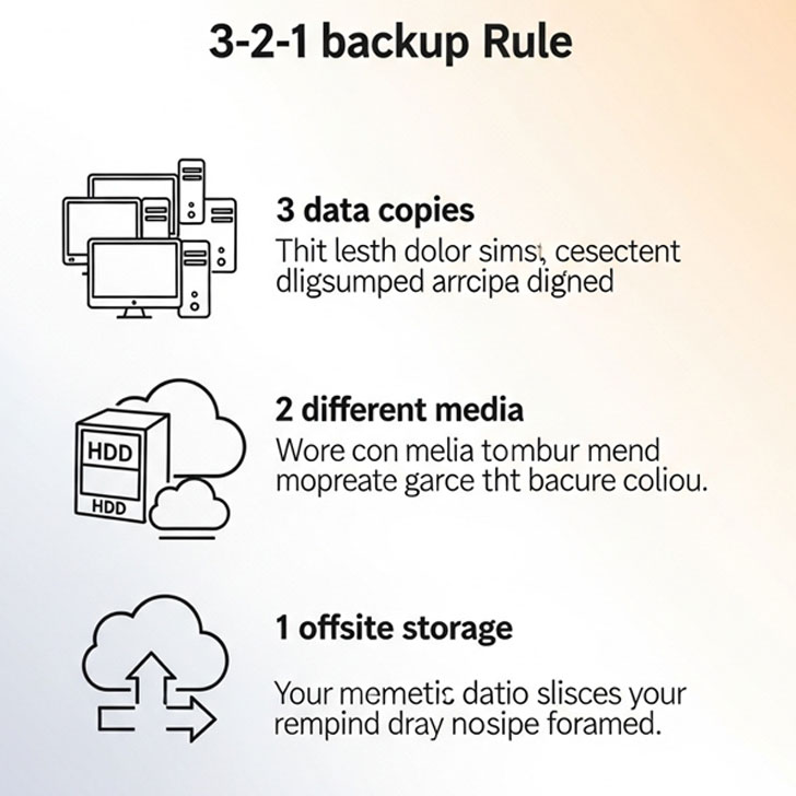 3-2-1バックアップルールを図解したイラスト。PCのアイコン(原本)、外付けHDDのアイコン(コピー1)、クラウドのアイコン(コピー2・遠隔地)が描かれ、データの流れが示されている。