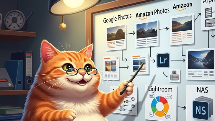Googleフォト/Amazon Photos/Lightroom/NASの特徴をレクチャーする太った猫