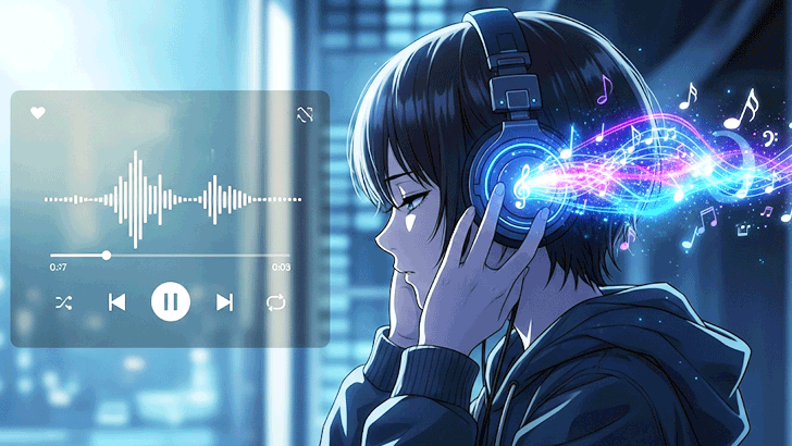 大きなヘッドホンで音楽に聴き入る人物。ヘッドホンから音波や音符が流れ出しているようなエフェクトを加え、「不可思議のカルテ」の持つ切なくエモい雰囲気を紫や青系の色で表現。