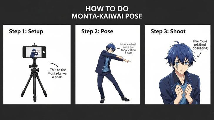 画像を3分割したインフォグラフィック風のデザイン。「①スマホをセット」「②ポーズをとる」「③撮影」という3つのステップを、シンプルなイラストで解説。