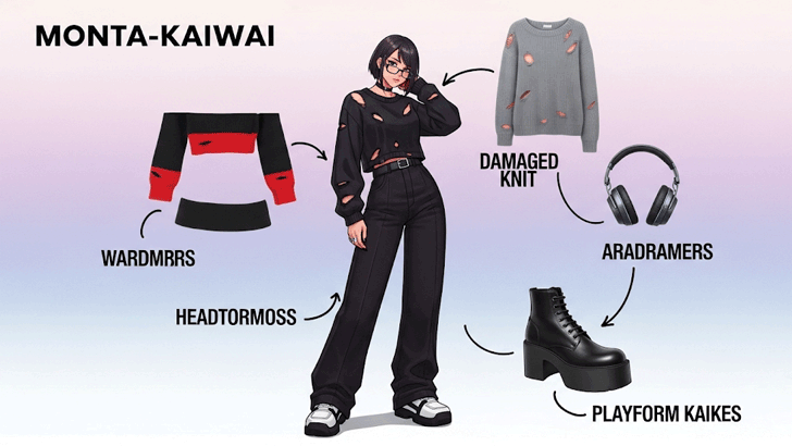 もんた界隈ファッションに身を包んだキャラクターの全身イラスト。そこから引き出し線が出ており、「ダメージニット」「アームウォーマー」「ヘッドホン」といったキーアイテムでファッション誌のようなデザイン。