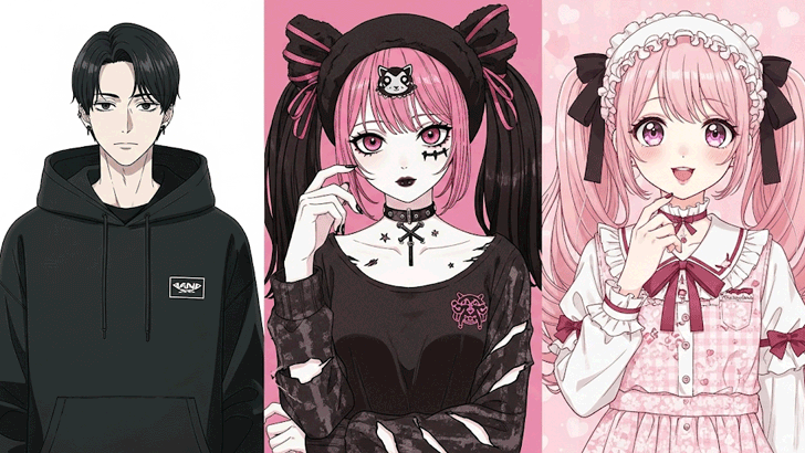 画像を縦に3分割し、左から「もんた界隈(モノトーンで中性的)」、「地雷系(黒とピンクで病みかわいい)」、「量産型(ピンクと白でガーリー)」の服装をしたキャラクターをそれぞれ配置。3者のスタイルの違いが明確にわかる対比イラスト。