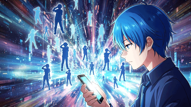 スマホの画面を静かに見つめる人物。その画面から、同じポーズをとったたくさんの人々の半透明なシルエットが、光のネットワークのように広がり、繋がっていく様子を描きます。これは、SNS上で同じ「界隈」に属することで生まれる、目には見えない一体感や安心感を象徴する、少し概念的なイラスト。