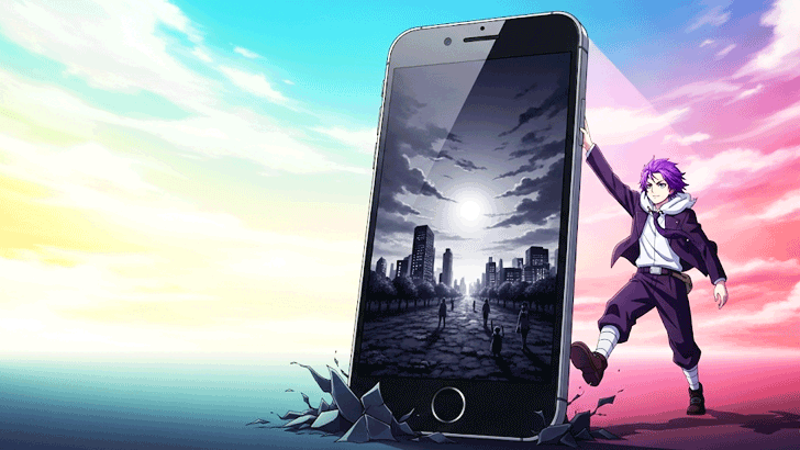 もんた界隈のスタイルをした人物が、大きなスマートフォンの画面フレームを乗り越えて、こちら側の世界へと一歩踏み出している、力強い構図。画面の中の世界はモノクロでアンニュイな雰囲気ですが、踏み出した先の現実世界は色彩豊かで希望に満ちています。「自己表現」によって新たな自分を見つけ、殻を破るようなポジティブな変容を象徴するイラスト。