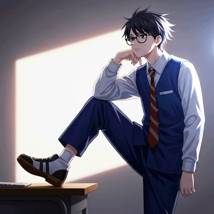 もんた界隈の象徴的なポーズである机に足を乗せて頬杖をつく人物のイラスト。少しアンニュイな表情をしている。