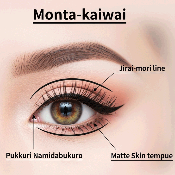 もんた界隈メイクのポイントを示す図解。陶器肌、地雷盛りライン、ぷっくり涙袋が強調されている。