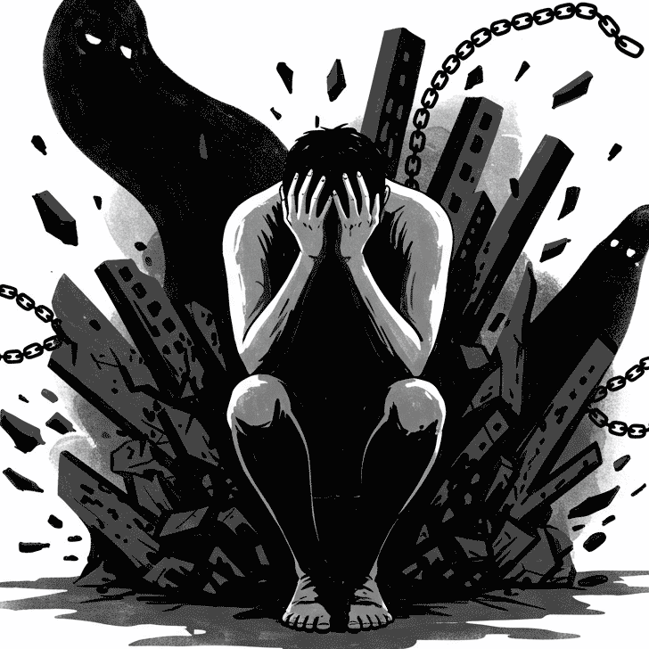 浮気がバレるかもしれない状況で、焦りや罪悪感に苛まれ、うずくまる人物のイラスト。心の苦痛を表現しています。