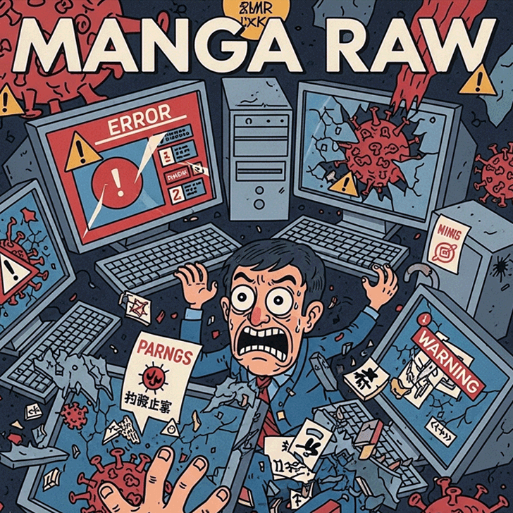 漫画rawの危険性を表す、ウイルス警告や壊れたパソコンを描いた風刺的なイラスト