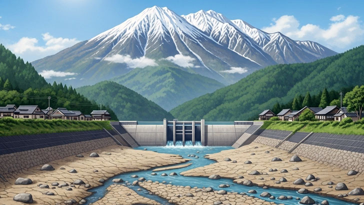 日本の水不足を表現したイラスト。水量の大幅に減った日本の川や、干上がったダムの岸辺が描かれ、厳しい日差しが降り注いでいる。