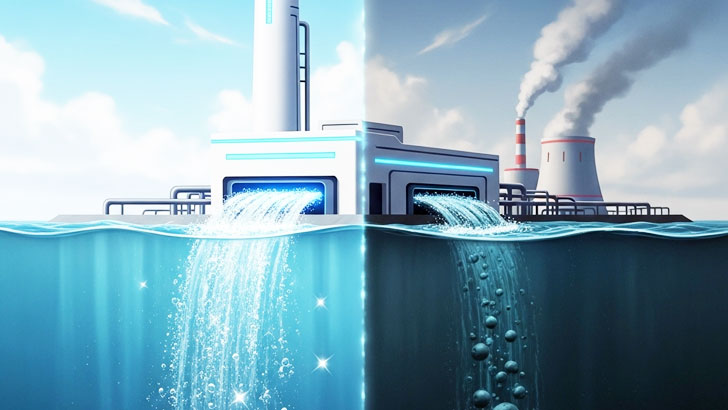 海水淡水化技術の二面性を表現したイラスト。片側はクリーンな水を生み出す未来的なプラント、もう片側には排出される濃縮塩水や工場の排煙が描かれている。