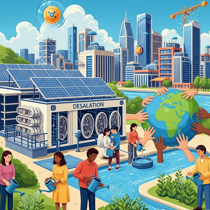 未来の水戦略を示すイラスト。太陽光発電で稼働する淡水化プラント、雨水利用の建物、節水する人々、そして地球に手を差し伸べる国際協力のイメージが融合している。