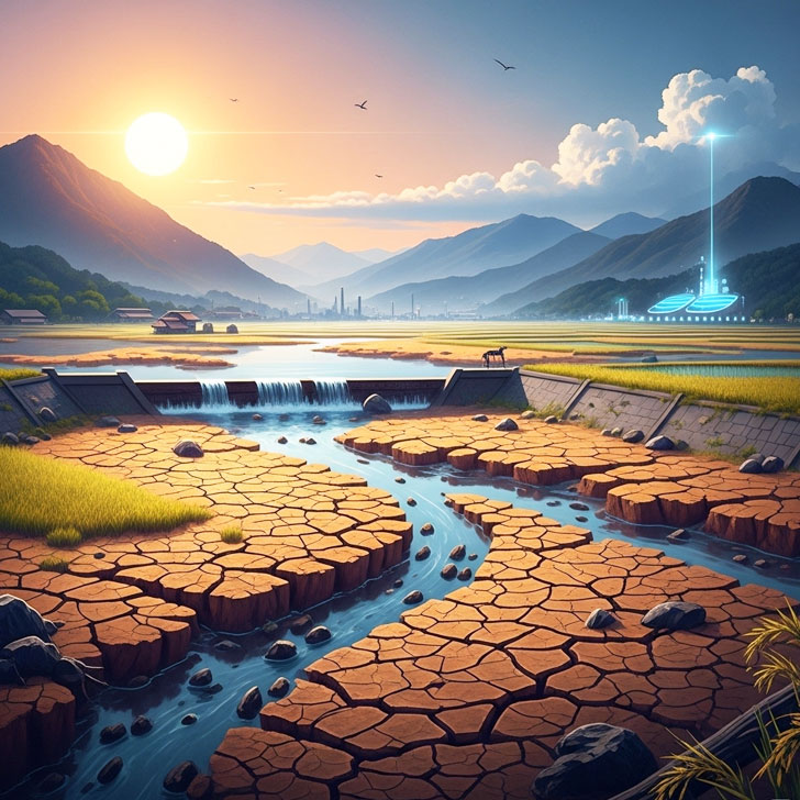 日本の水不足と海水淡水化の現状を象徴するイラスト。干上がった大地と貯水率の低いダム、遠くには暑さに霞む都市と未来的な淡水化プラントが描かれている。