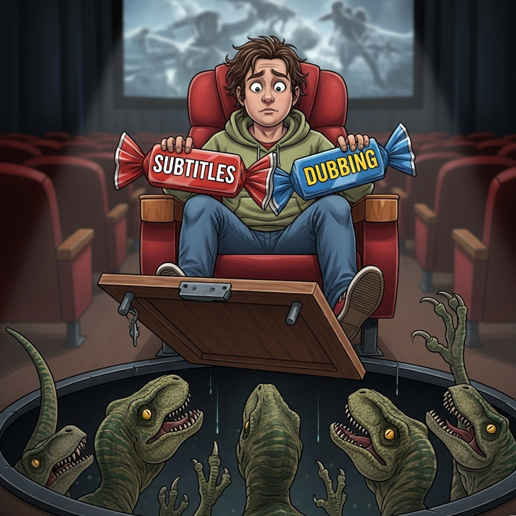 ジュラシックワールド吹き替え版鑑賞の落とし穴を表現したコミカルなイラスト